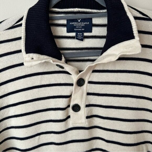 American Eagle Men’s Striped Pullover Collared Quarter Button Sweater Medium - Picture 4 of 6